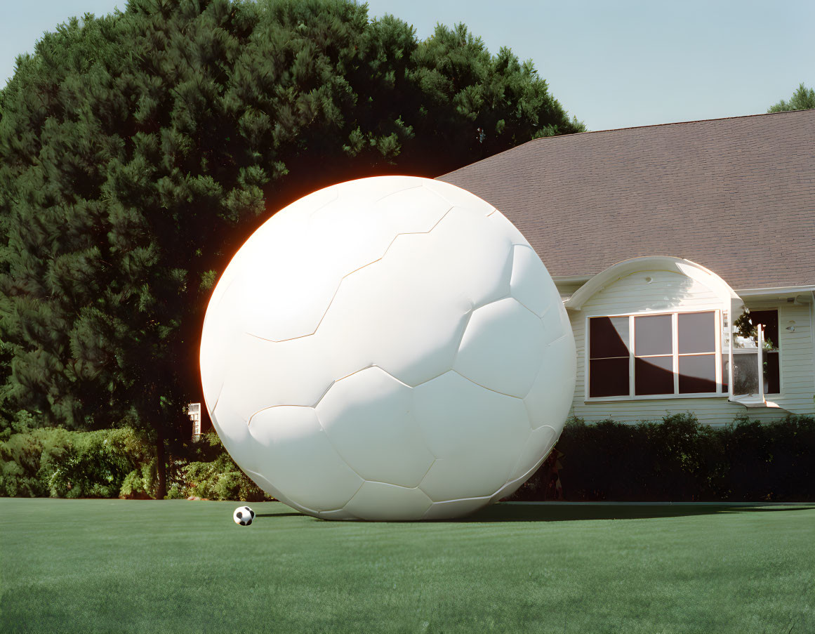 Giant soccer ball on suburban lawn next to regular-sized ball