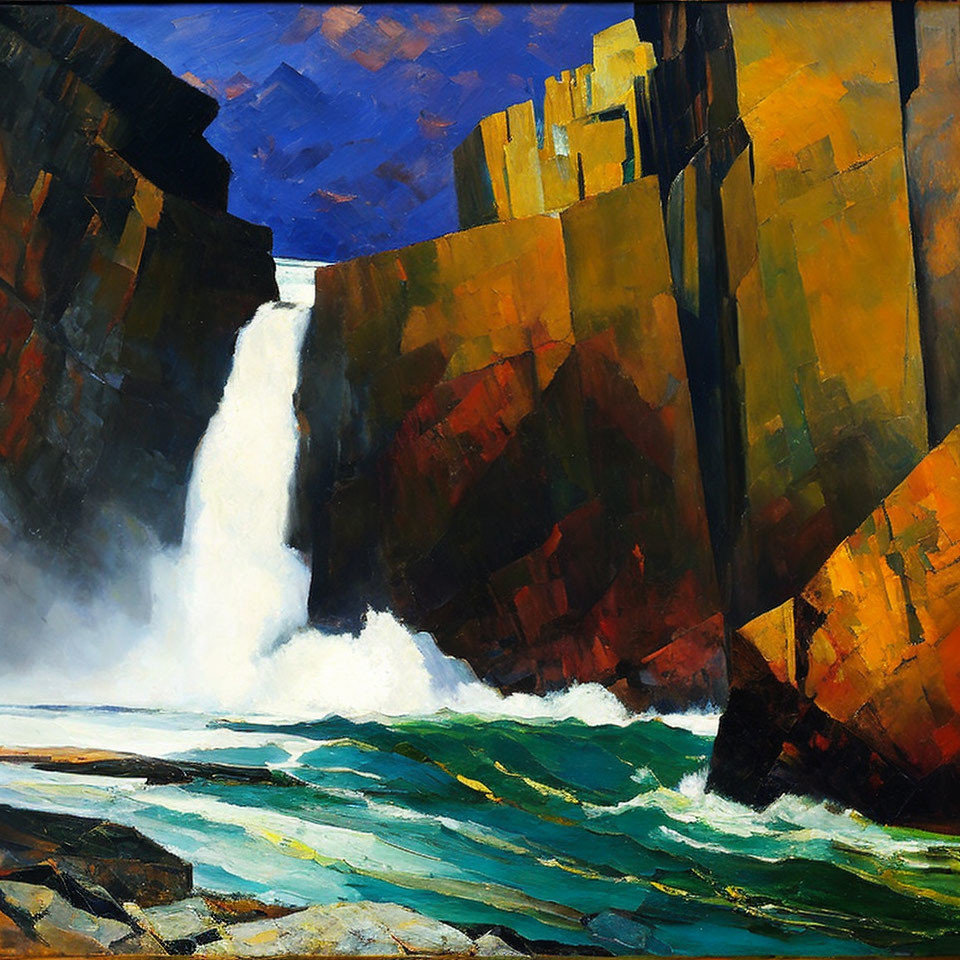 Colorful cubist-style waterfall painting with angular cliffs and patchwork sky