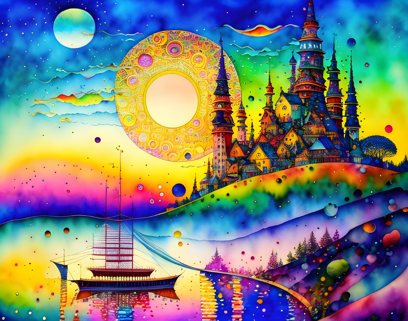 Colorful castle, moon, ship, surreal landscape, trees, starry sky.