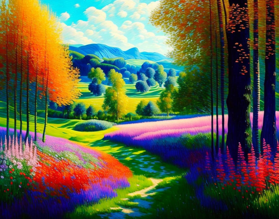 Colorful Landscape Painting with Path, Flowers, Hills, and Trees