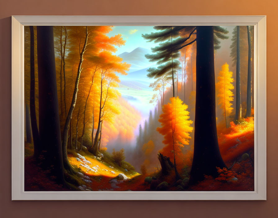 Vibrant autumn forest painting with golden leaves and sun rays.