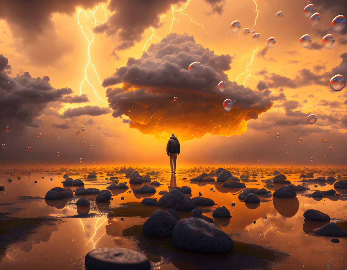 Figure on Rocky Shoreline at Sunset Surrounded by Bubbles and Lightning-filled Clouds