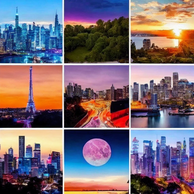 Collage of Nine City Skylines at Sunset with Landmarks and Moon