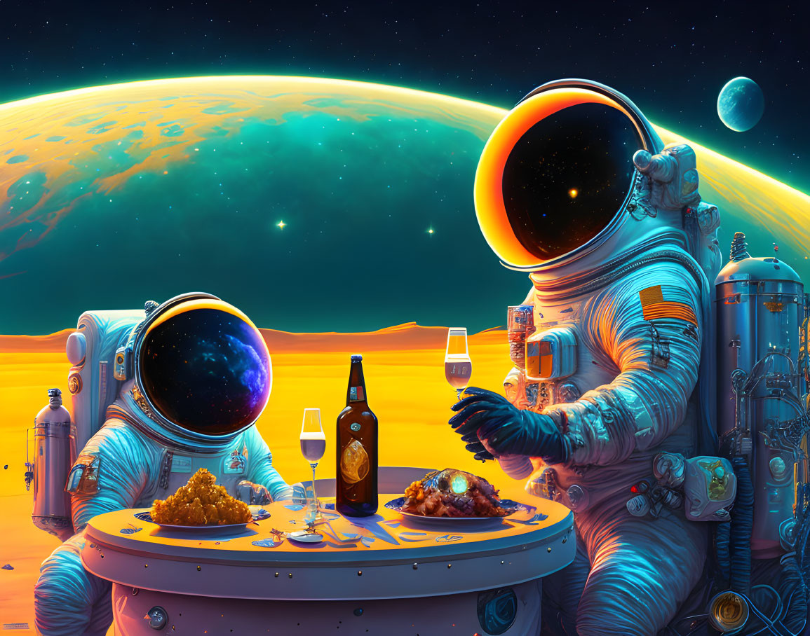 Astronauts in space suits at table toast on Mars