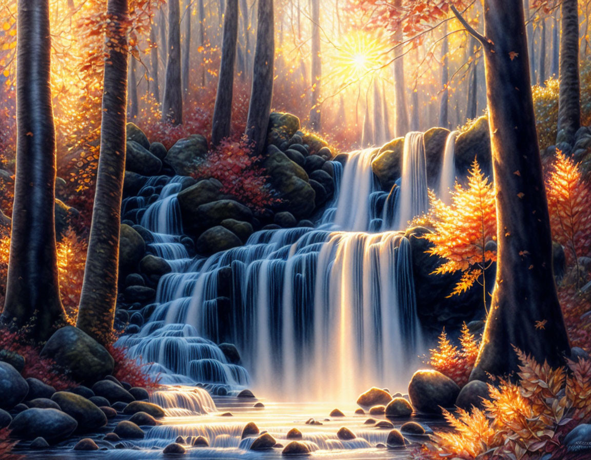 Autumnal forest with waterfall, sun rays, and tranquil pool