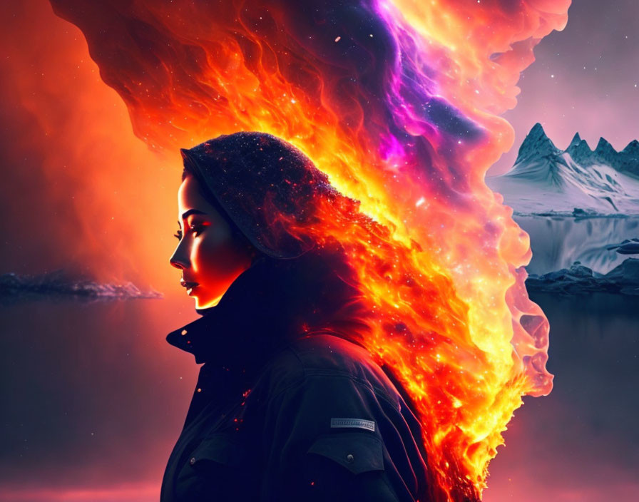 Woman's profile with fiery nebula effect and snowy mountain landscape