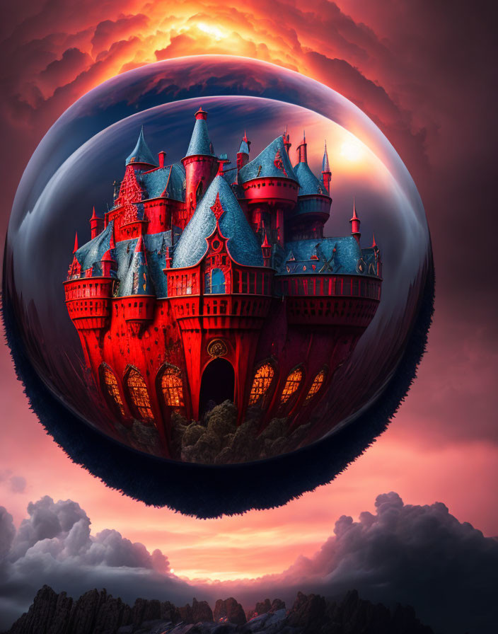 Fantastical red and blue castle in bubble against dramatic sky