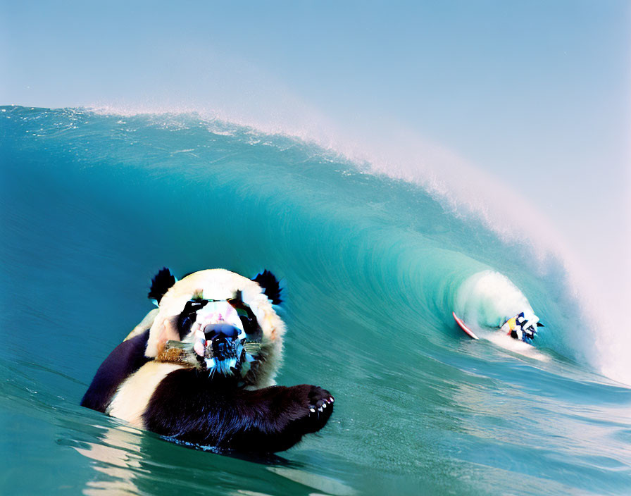 Digital image: Panda surfing wave with human surfer in background