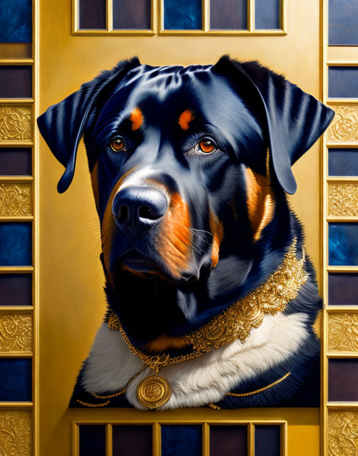 Regal black and tan dog adorned with golden jewelry in front of ornate blue and gold door