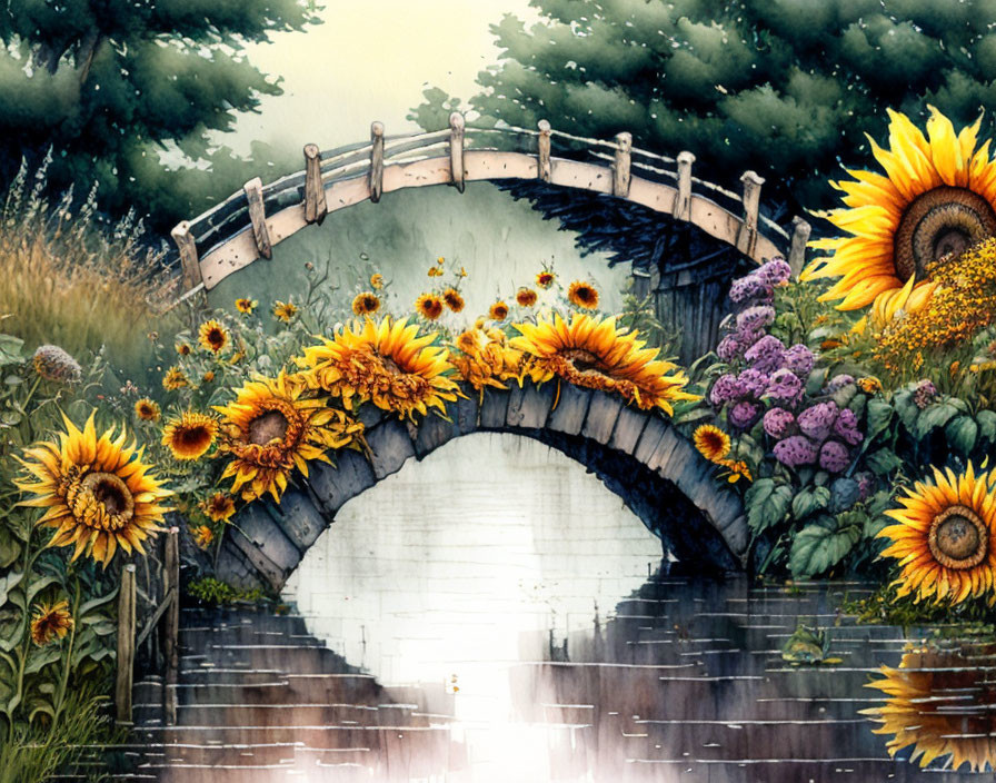 Scenic wooden arched bridge with sunflowers over stream