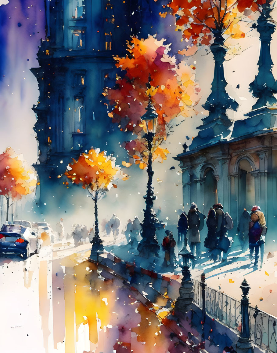 Colorful watercolor painting of autumn city street with pedestrians and golden foliage.