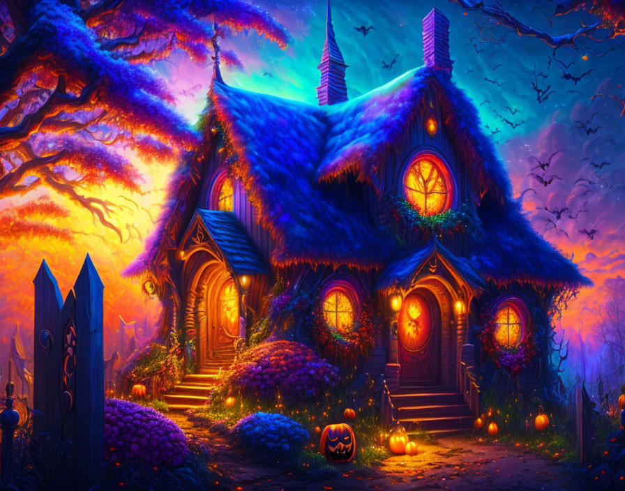 Enchanted autumn forest cottage with glowing windows and mystical purple ambiance