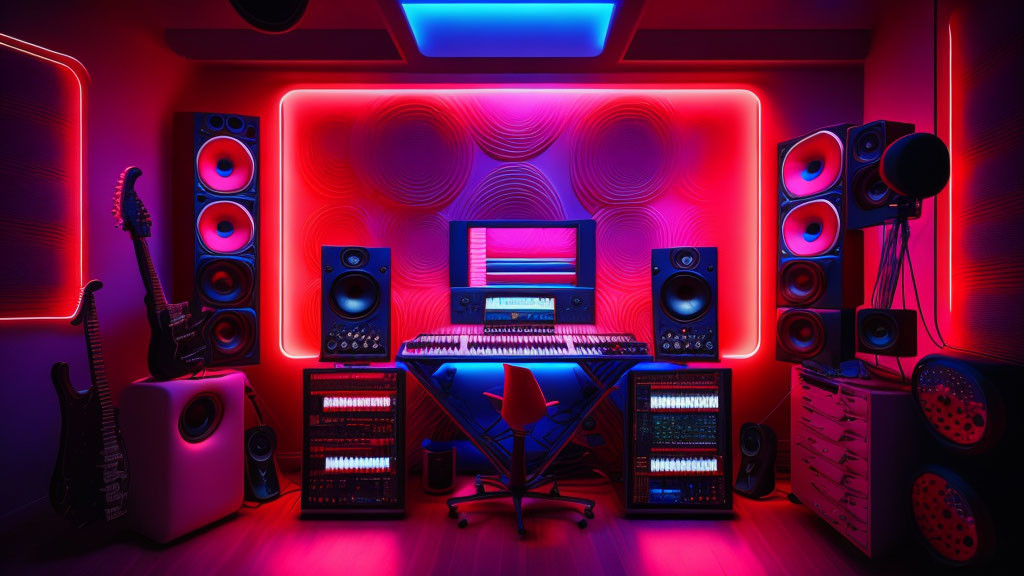 Colorful Home Music Studio with Neon Lights, Guitars, Keyboards, and Soundproofing