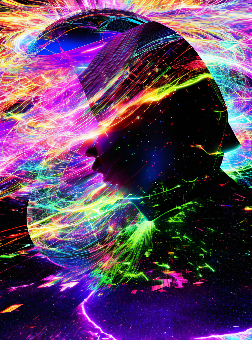 Colorful digital artwork: Neon human profile on abstract cosmic background