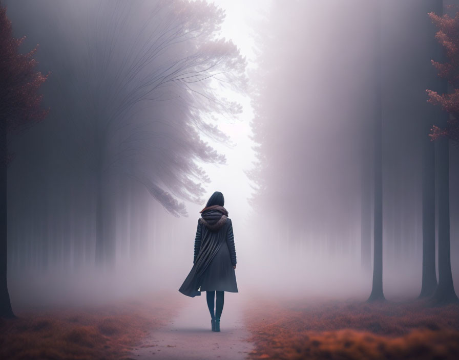 Mysterious forest scene with solitary figure and foggy ambiance