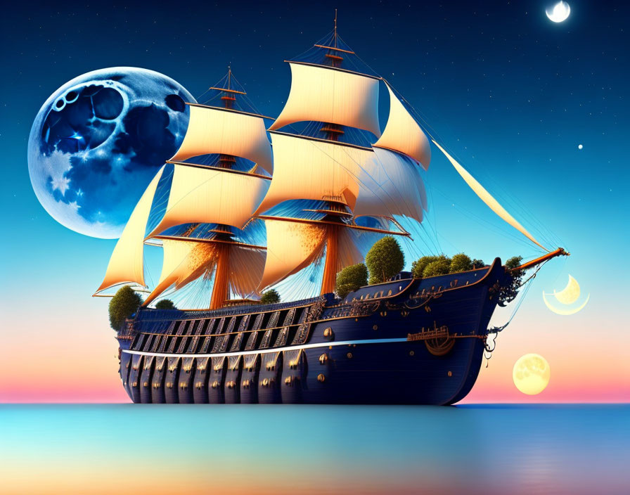 Sailing ship with full sails in surreal sky with multiple moons