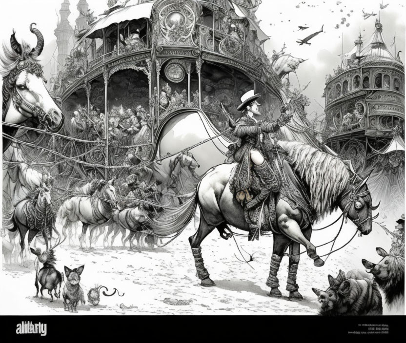 Detailed Monochrome Artwork: Fantastical Parade with Carriage, Horses & Creatures