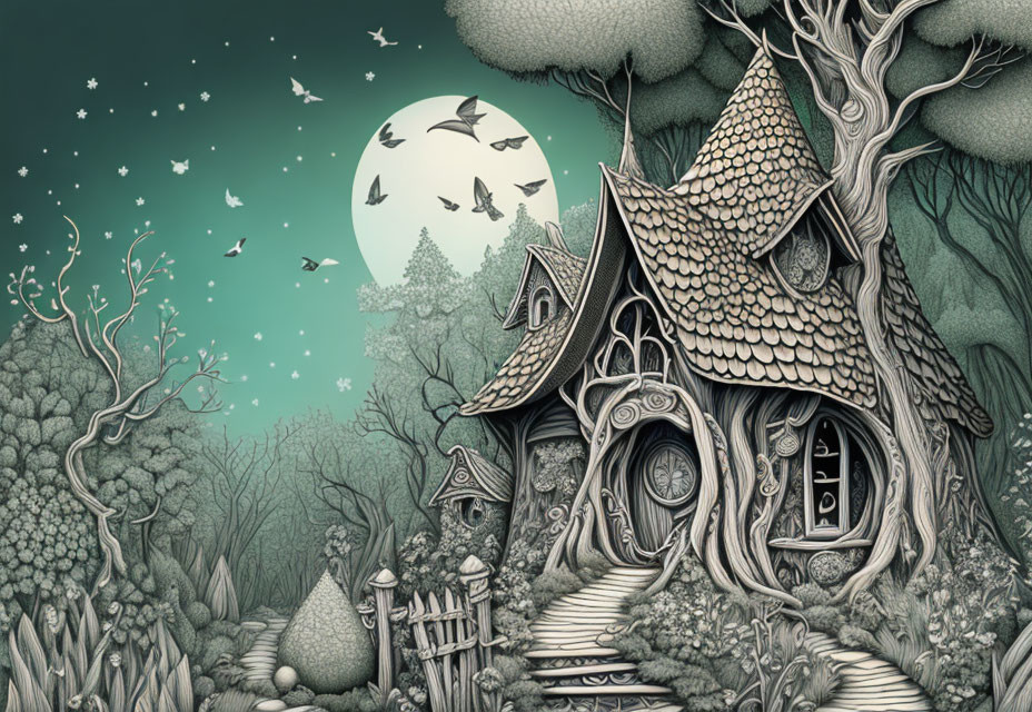 Detailed illustration of whimsical cottage in forest under full moon