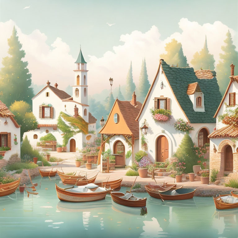 Tranquil village scene: cozy houses, church, flowers, boats by riverbank