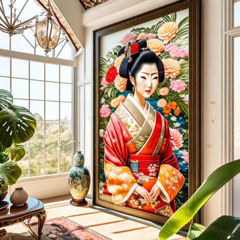 Colorful Geisha painting in sunny room with plants & elegant decor