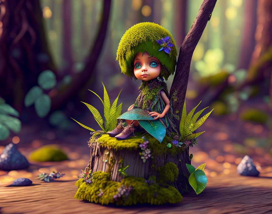 Moss-Covered Doll with Leaf Umbrella in Magical Forest