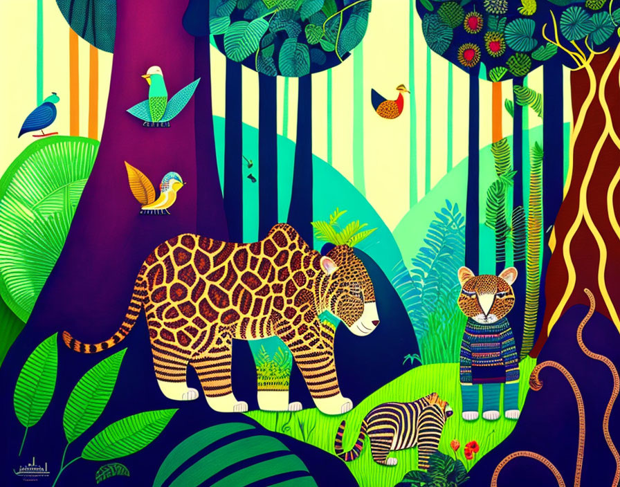 Colorful Jungle Illustration with Leopard, Tiger, and Birds