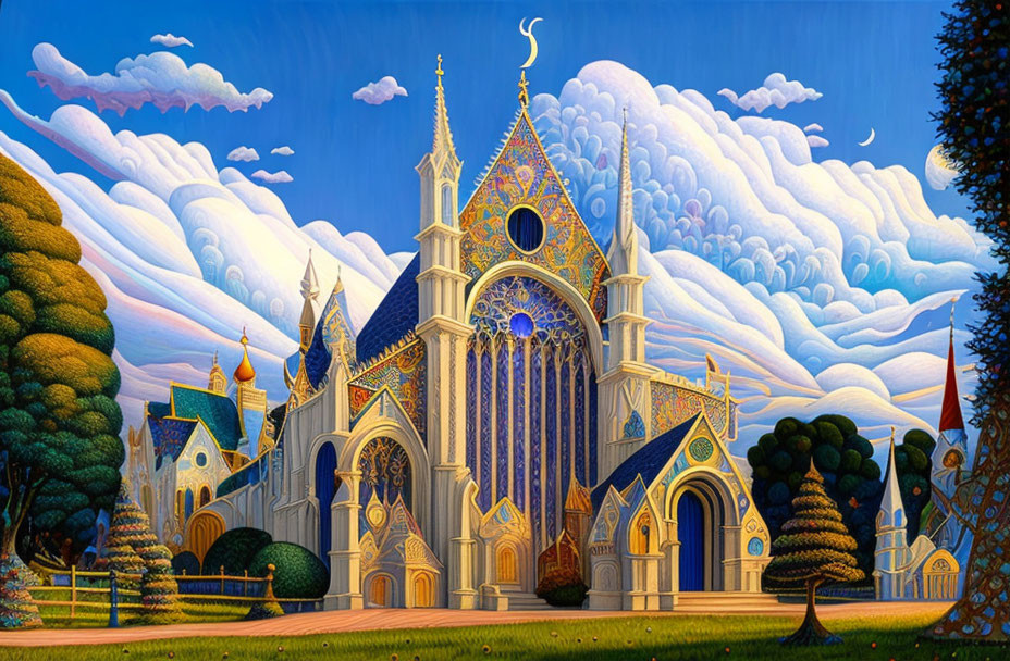 Whimsical fairytale castle illustration with Gothic architecture