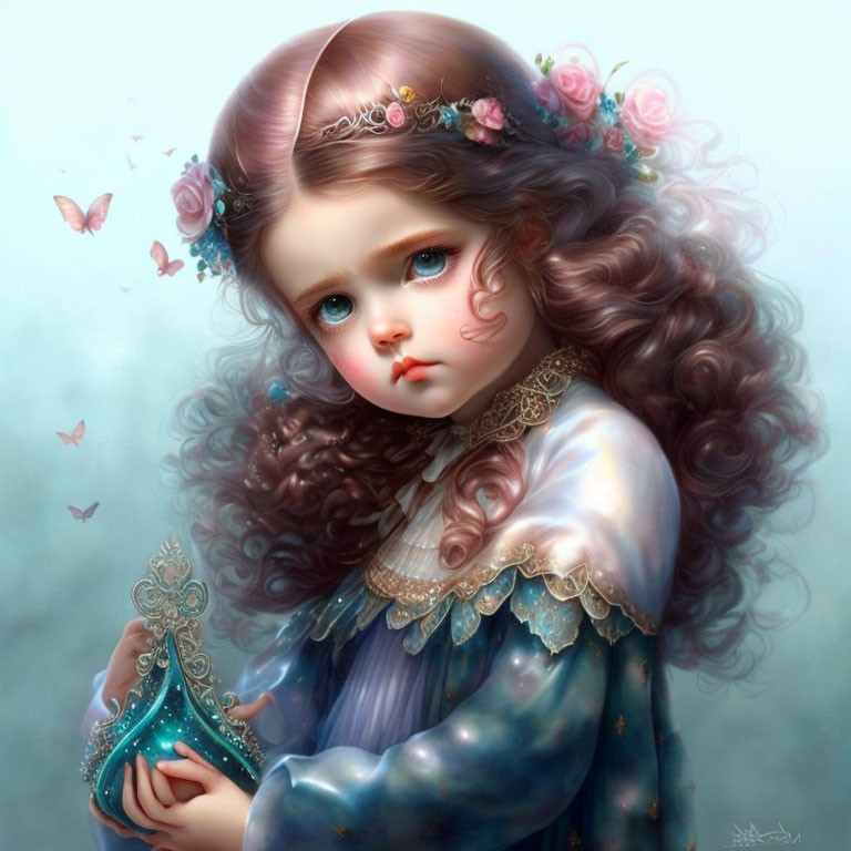 Young girl with blue eyes and flowers in hair, holding ornate object in digital painting