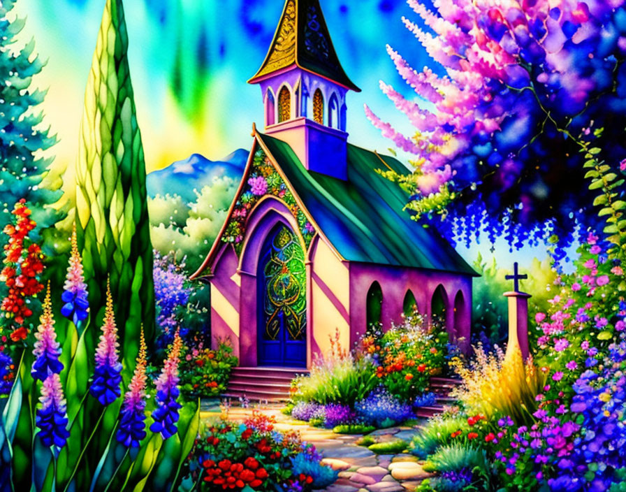 Colorful illustration of quaint church in floral landscape at twilight