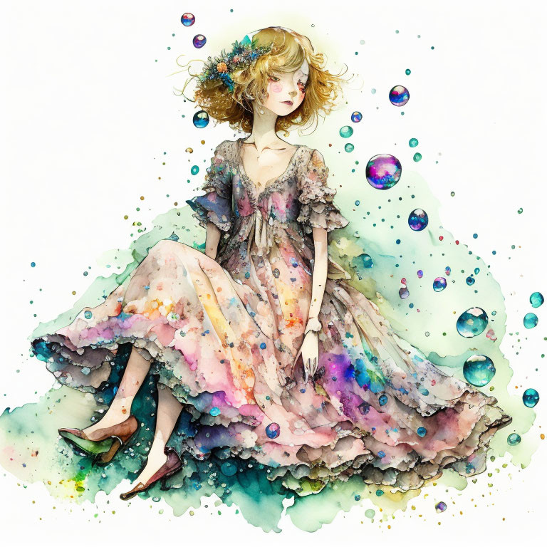 Whimsical watercolor illustration of woman in flowing gown surrounded by bubbles and flowers