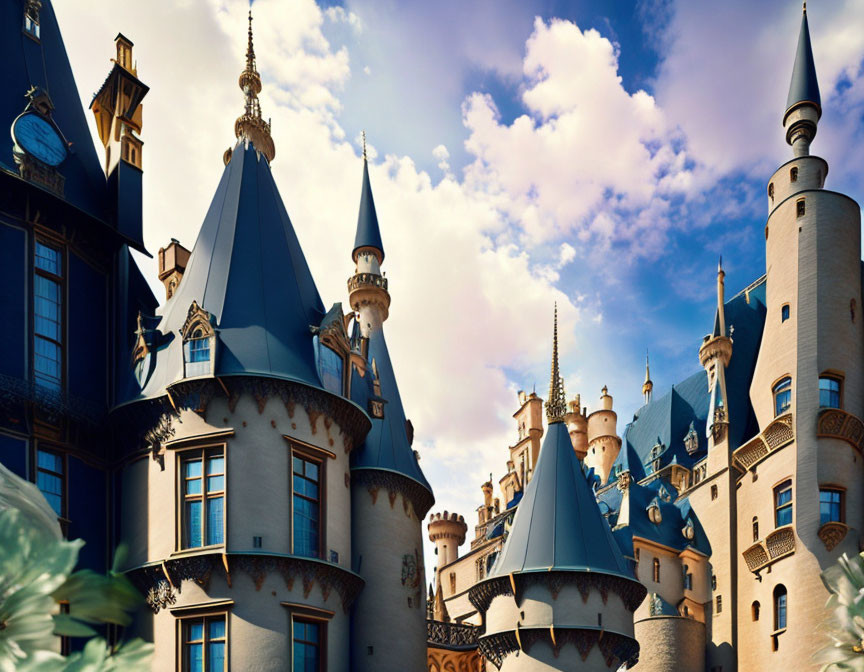 Majestic fairy-tale castle with blue rooftops and golden spires in a blue sky