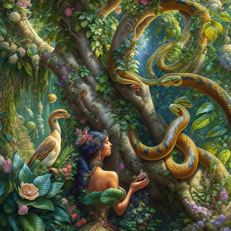 Woman and golden snake in mystical forest scene