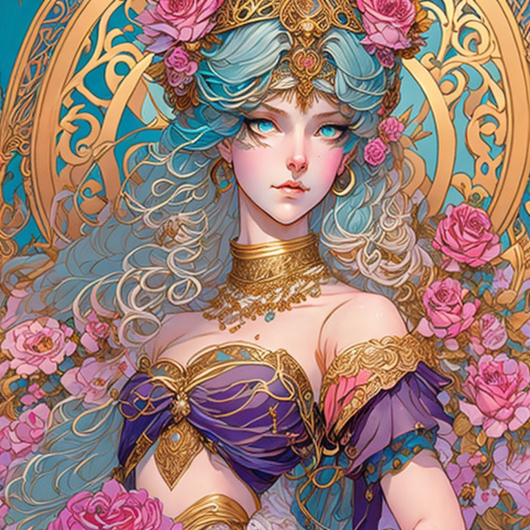 Fantasy female character with blue hair, golden ornaments, roses, and halo-like background