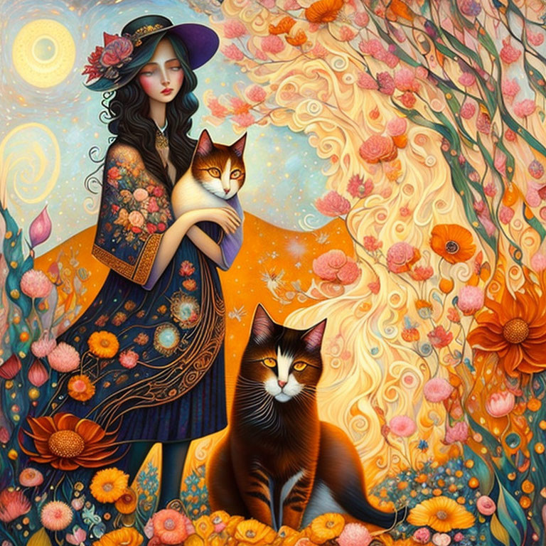 Stylized painting of woman with hat and cats in vibrant setting