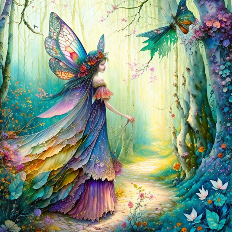 Vibrant fairy illustration in enchanted forest