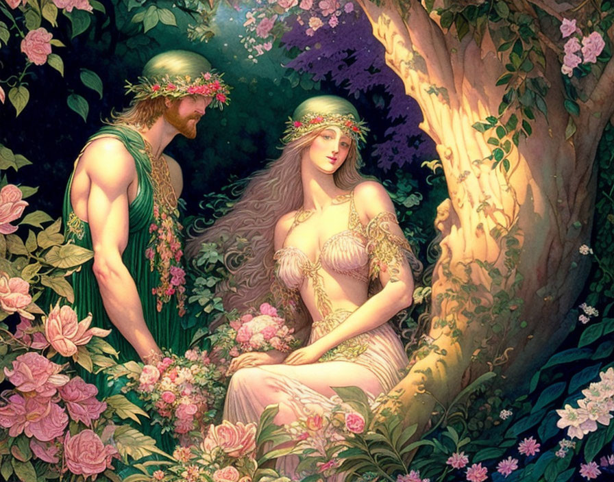 Man and woman with floral crowns in lush forest setting gazes at each other