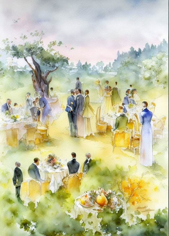 Outdoor Watercolor Painting: Elegant Gathering in Formal Attire