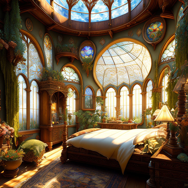 Luxurious Bedroom with Stained Glass Windows and Plush Bed