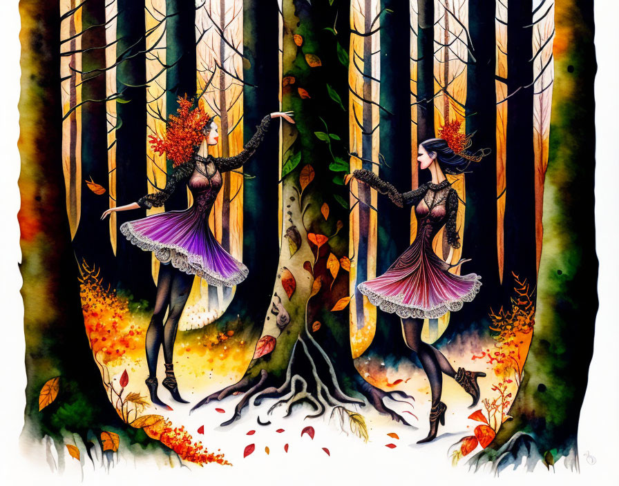 Whimsical female figures in enchanted autumn forest