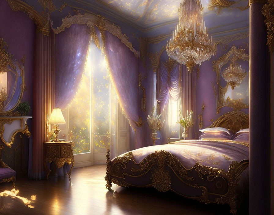 Luxurious Purple Bedroom with Ornate Furniture and Golden Accents