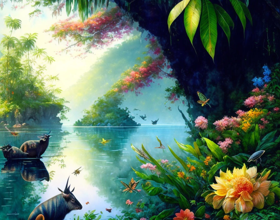 Tranquil tropical lake scene with animals, colorful flora, and butterfly in flight