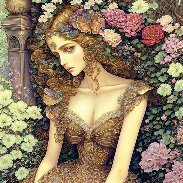 Serene woman in golden attire with flowers and butterflies