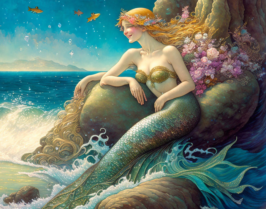 Smiling mermaid with golden hair on rock surrounded by water and flowers