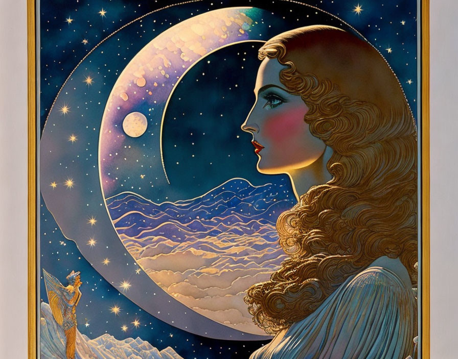 Woman's face merged with crescent moon in night sky artwork.