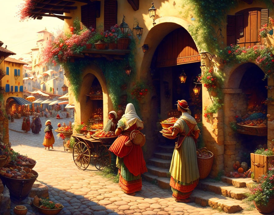 Traditional village market with cobblestone streets and fresh produce stalls