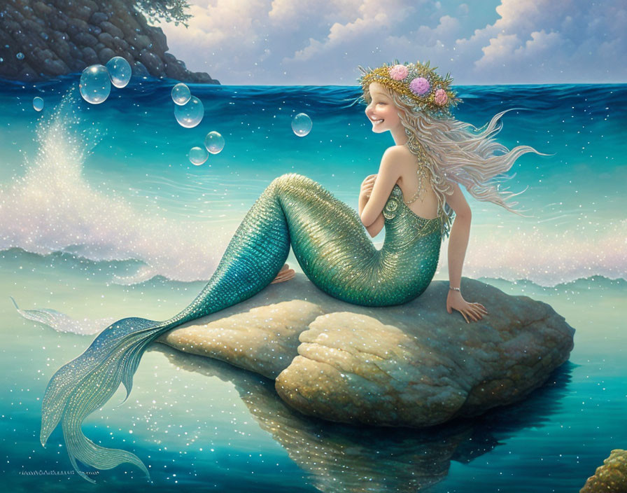 Smiling mermaid with green tail sitting on rock in serene sea