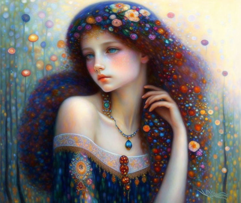 Young woman with flowers in hair, dreamlike scene with glowing orbs