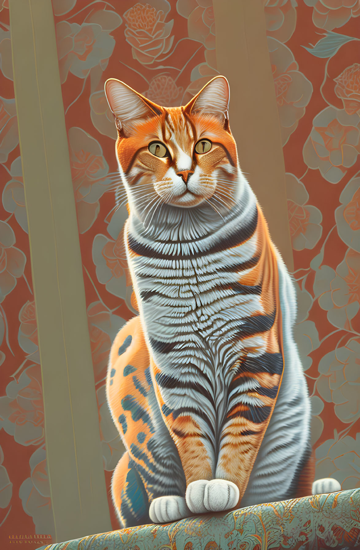 Illustrated orange tabby cat with unique fur pattern on floral background