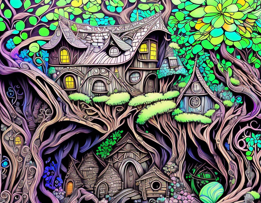 Colorful whimsical treehouse illustration with intricate branches and fantasy elements