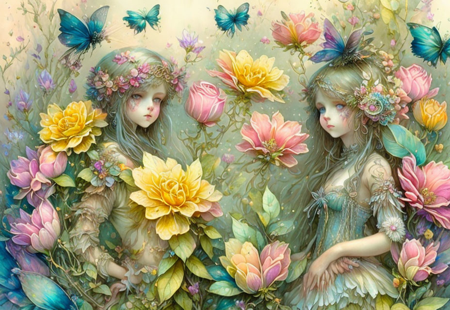 Ethereal girls among flowers and butterflies in dreamlike scene